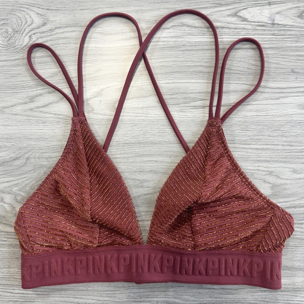 Victoria's Secret PINK Bralette Burgundy Gold Metallic Stripe Strappy XS B0011